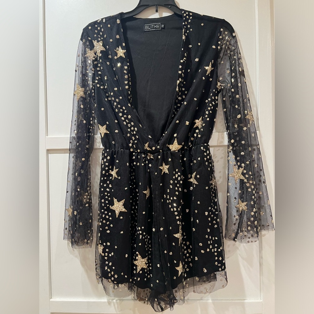 Blythe LA  Black and Gold GLITTER Stars V-neck and Sheer Overlay Romper S